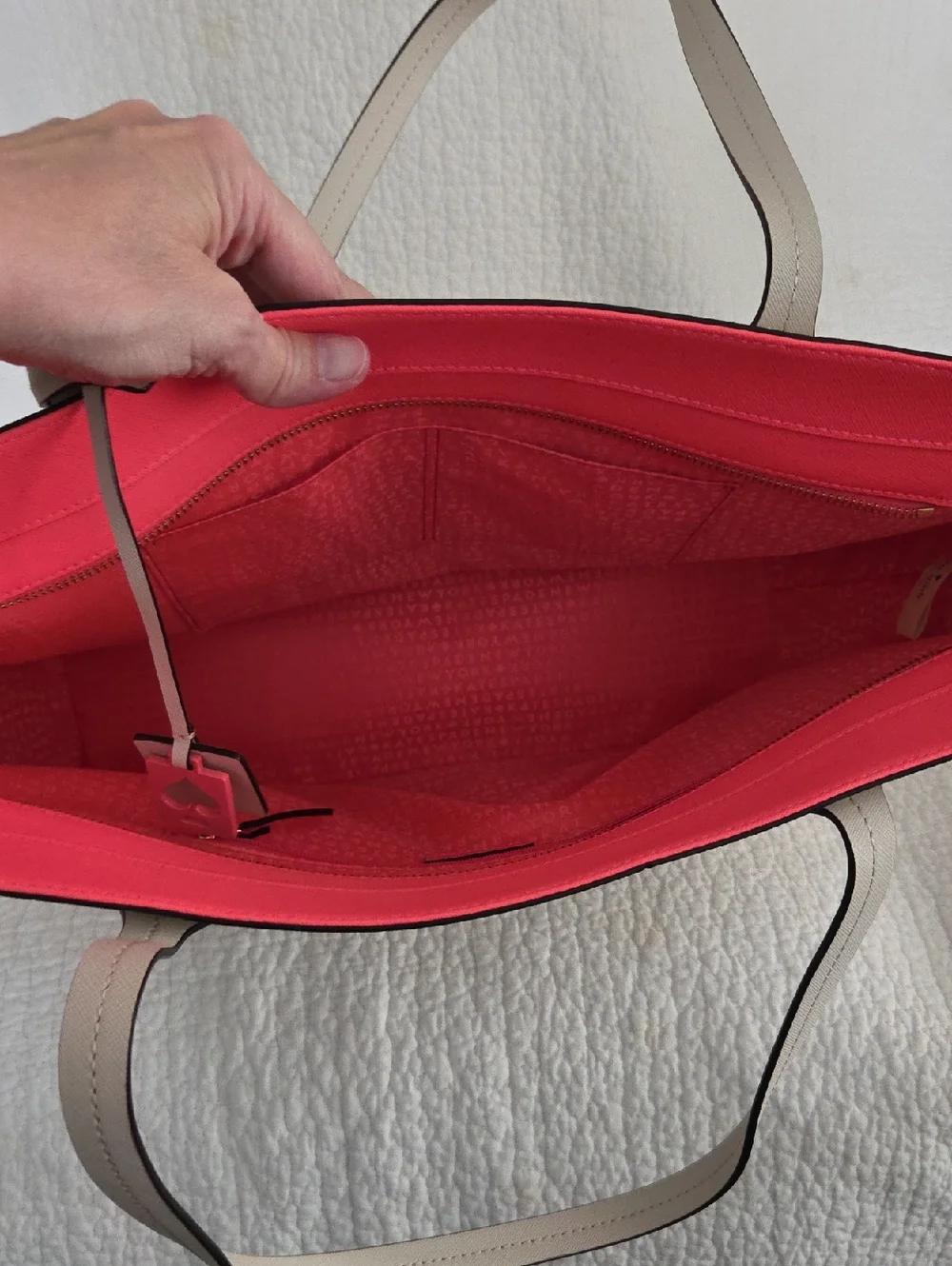 kate spade neutral tote with bright pink interior nwot